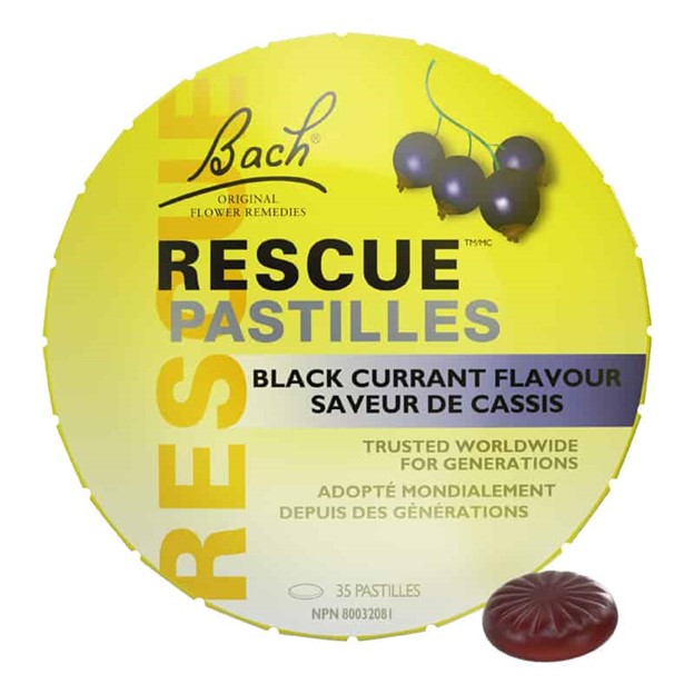 Boîte de pastilles Rescue Bach Original Flower Remedies, saveur cassis, remède naturel pour soulager le stress, contenant 35 pastilles de 50 g