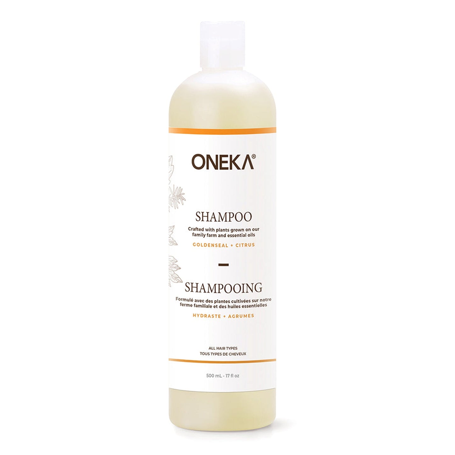 Bouteille de shampoing hydraste et agrumes Oneka sur un fond neutre