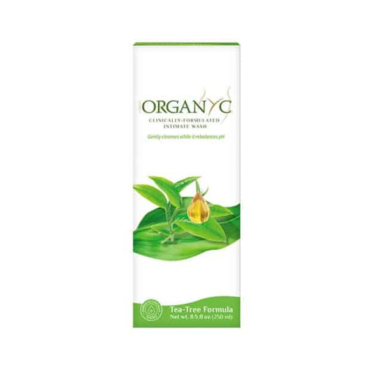 Flacon de gel intime Organyc, produit bio et naturel pour l'hygiène intime, enrichi en huile essentielle de tea-tree, sans parabènes ni sulfates, respectueux des peaux sensibles