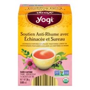Sachet de Tisane à l'Échinacée et au Sureau Yogi, soutien naturel contre le rhume avec des ingrédients biologiques comme la menthe poivrée et la cannelle.