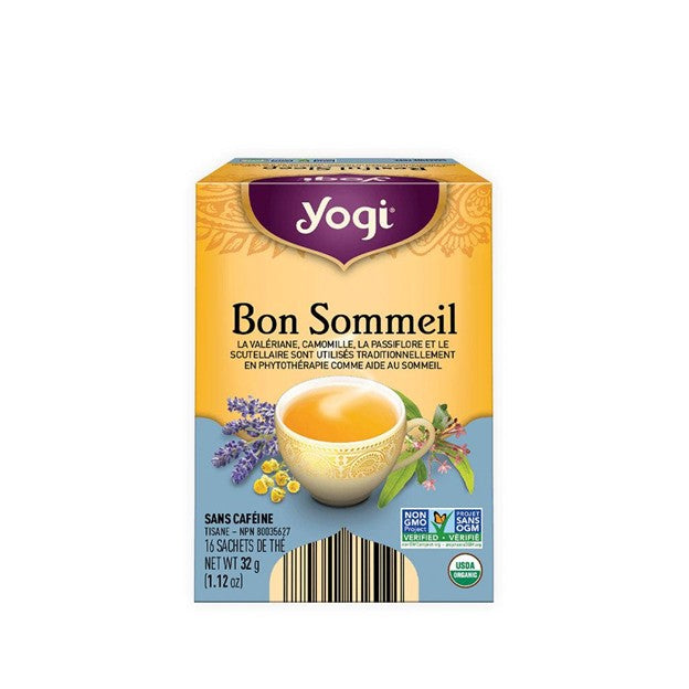 Sachet de Tisane Bon Sommeil Yogi avec un mélange d'herbes apaisantes pour soulager le stress et améliorer le sommeil.
