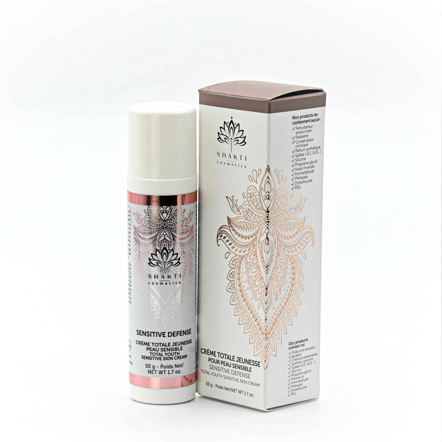 Crème Équilibre SHAKTI 50 g pour peaux sensibles et grasses sur fond blanc avec son emballage