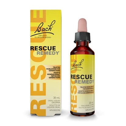 Flacon de 10 ml de Rescue Remedy de Bach, remède naturel aux fleurs pour soulager le stress et l’anxiété, solution homéopathique en gouttes."