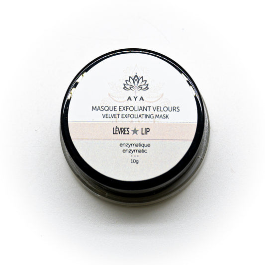 Masque exfoliant à lèvres Velours AYA – petit pot de 10 g avec texture fondante, présenté sur fond blanc.”