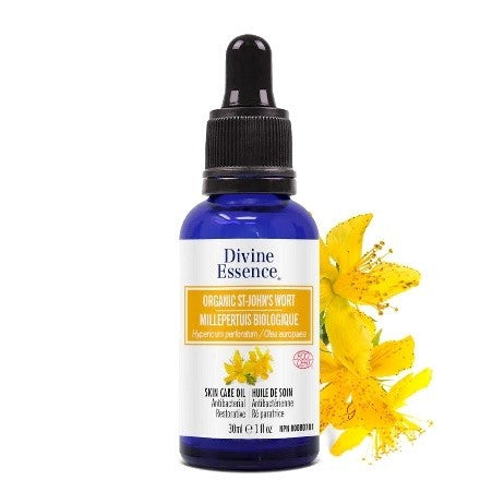 Flacon d'huile de millepertuis bio certifiée COSMOS ORGANIC, pressée à froid, idéale pour apaiser et réparer la peau.