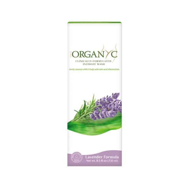 Flacon de gel intime Organyc, produit bio et naturel pour l'hygiène intime, enrichi en huile essentielle de lavande, sans parabènes ni sulfates, respectueux des peaux sensibles