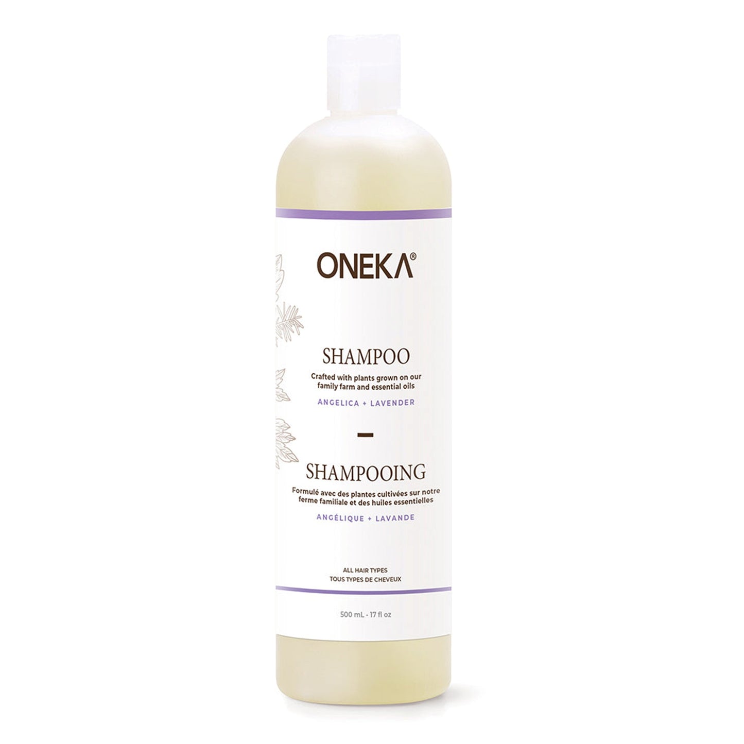 Bouteille de shampoing naturel Oneka Angélique et lavande posée sur une surface neutre