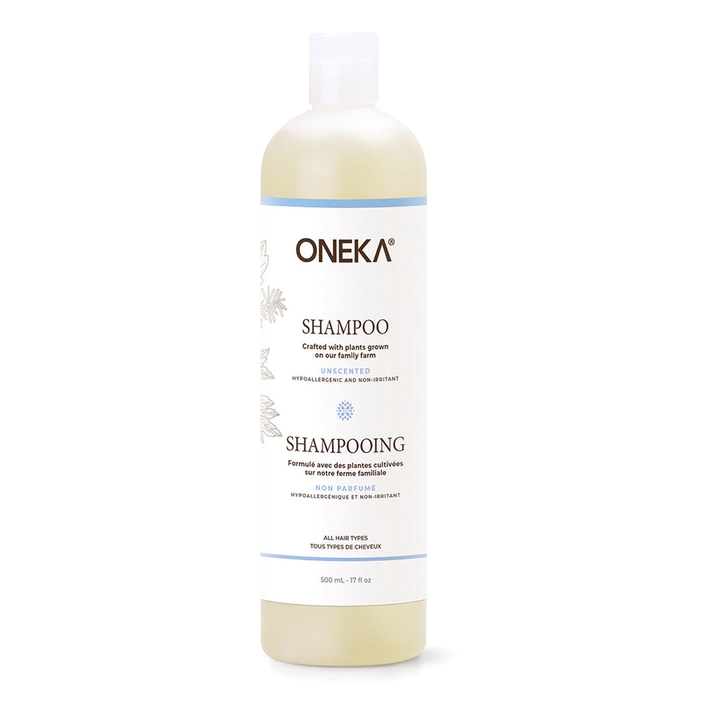 Bouteille de shampoing sans odeur Oneka sur un fond neutre.