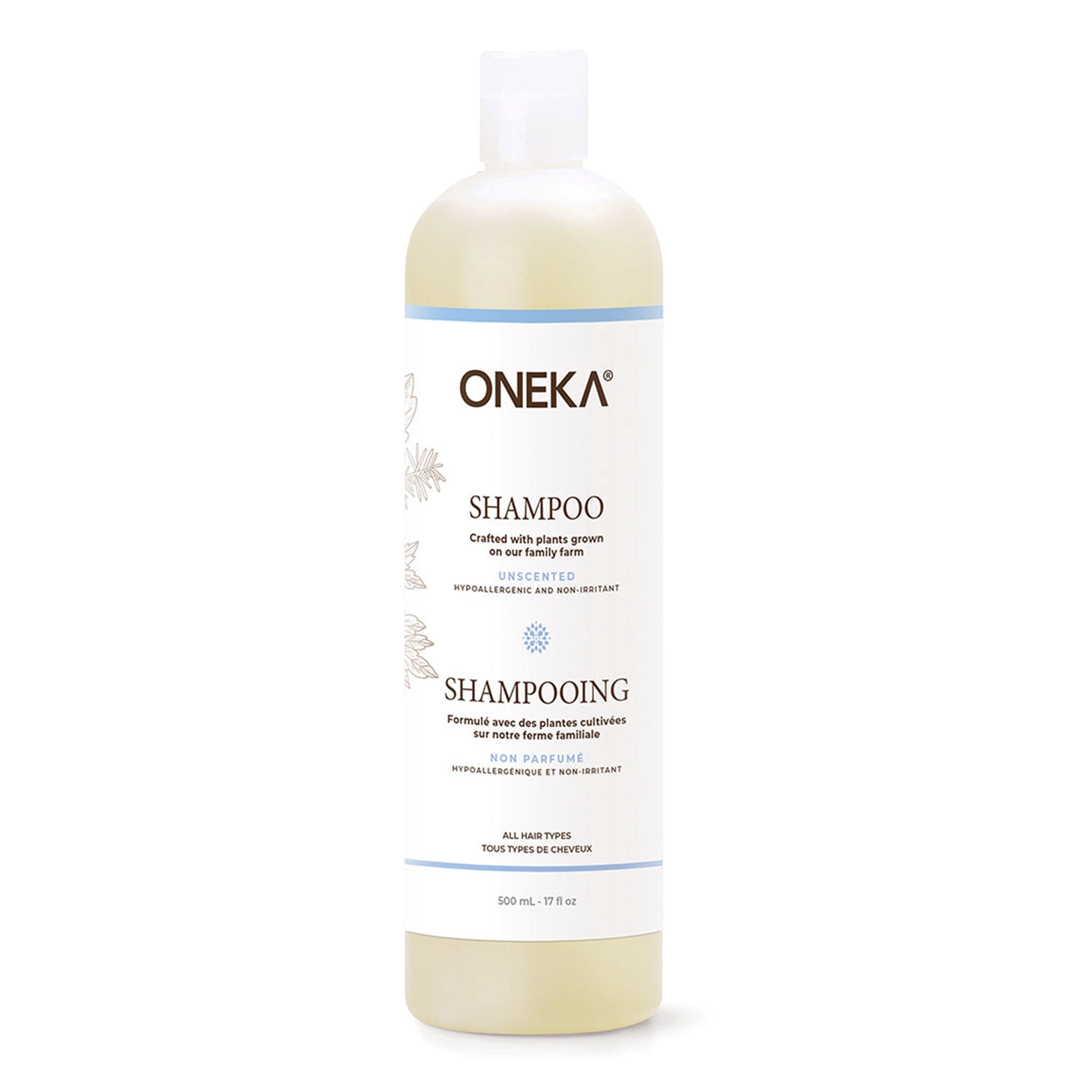 Bouteille de shampoing sans odeur Oneka sur un fond neutre.
