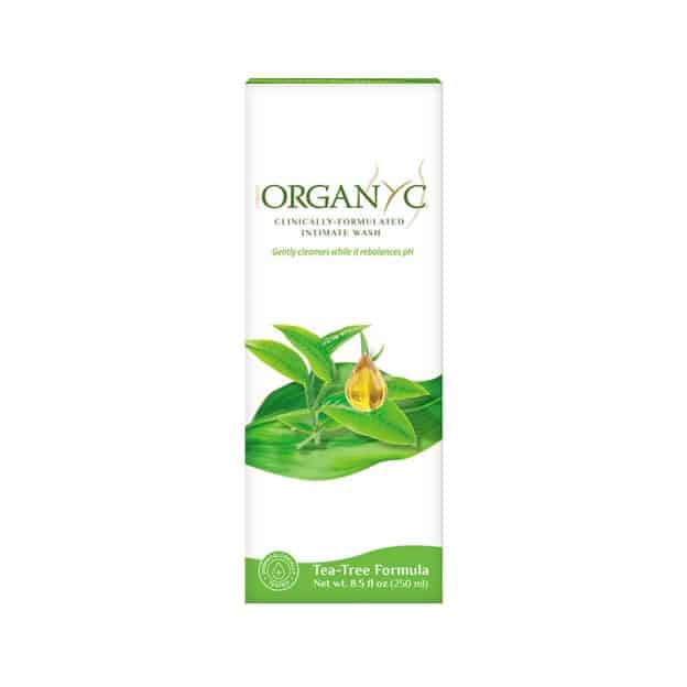 Flacon de gel intime Organyc, produit bio et naturel pour l'hygiène intime, enrichi en huile essentielle de tea-tree, sans parabènes ni sulfates, respectueux des peaux sensibles